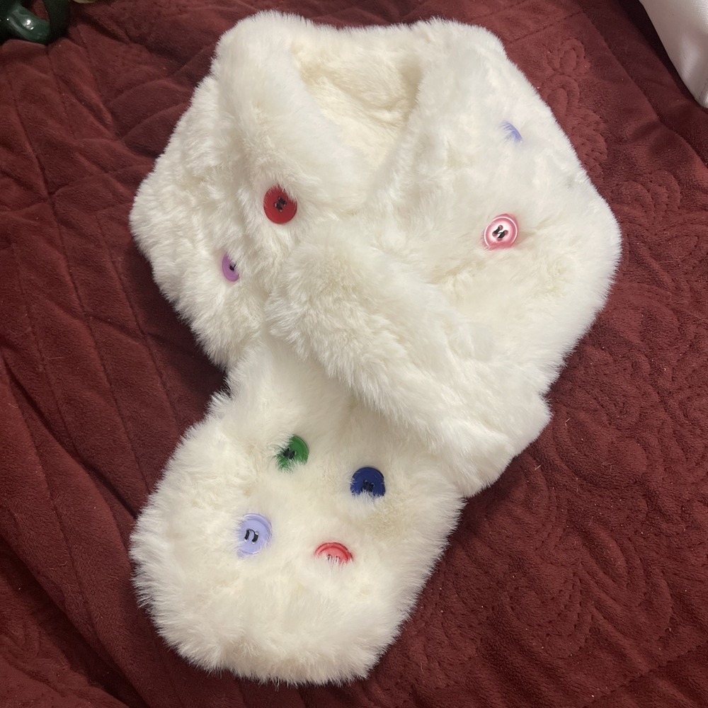 New Halara Button Scarf Faux‎ Fur White With Colorful Buttons Fun-Gift-Warm-Soft